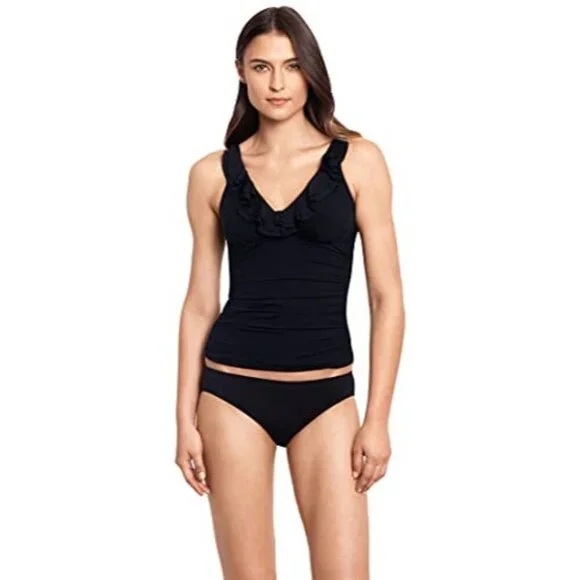 Lauren Ralph Lauren Ruffle Underwire Tankini Top Women 10 Black Swim Resort Pool - Picture 13 of 13